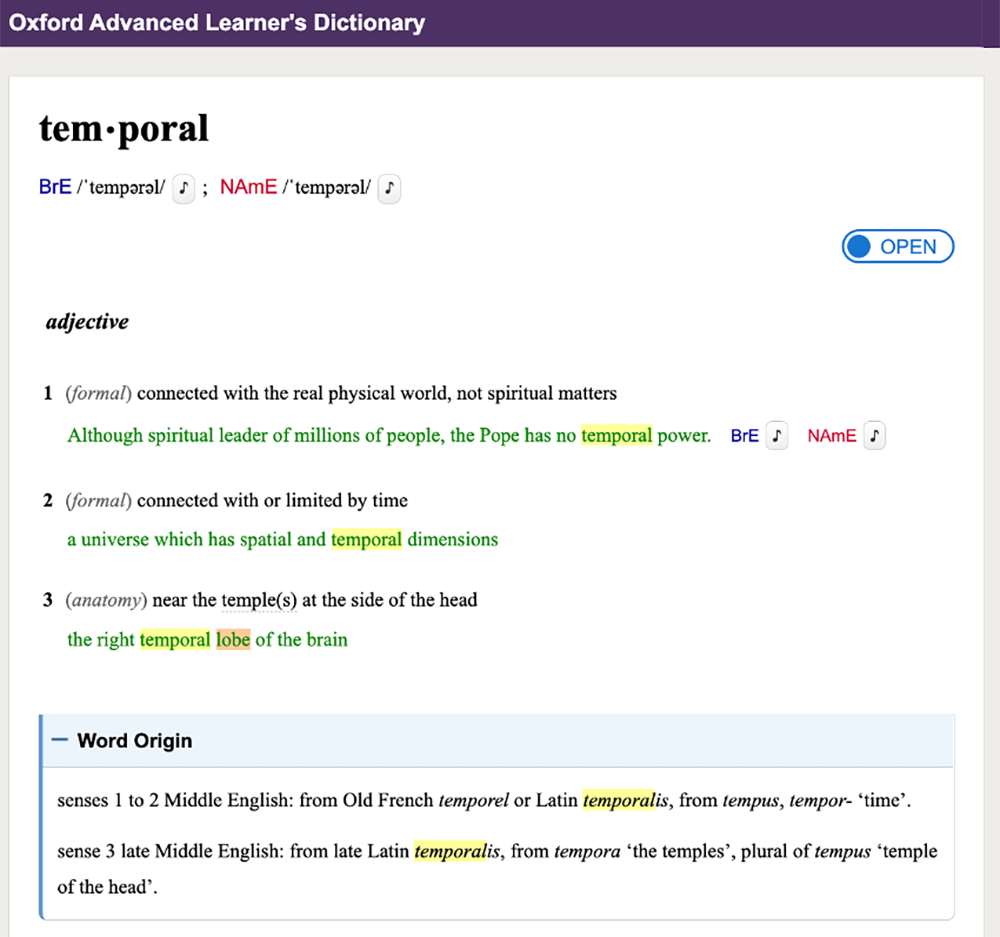「temporal」のOxford Advanced Learner’s Dictionaryの本文