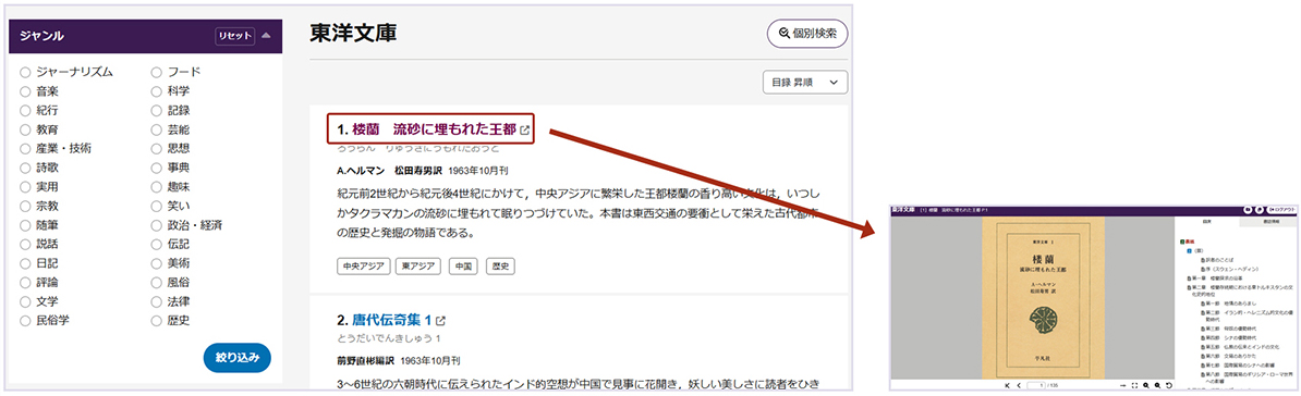 >画像6：東洋文庫の「本棚」ページと、タイトルをクリックしてひらいた本文ページ