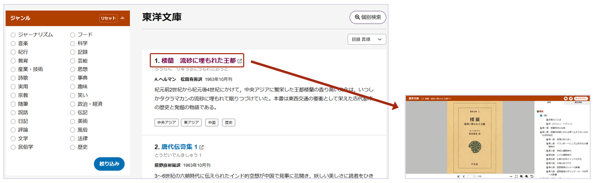 >画像6：東洋文庫の「本棚」ページと、タイトルをクリックしてひらいた本文ページ
