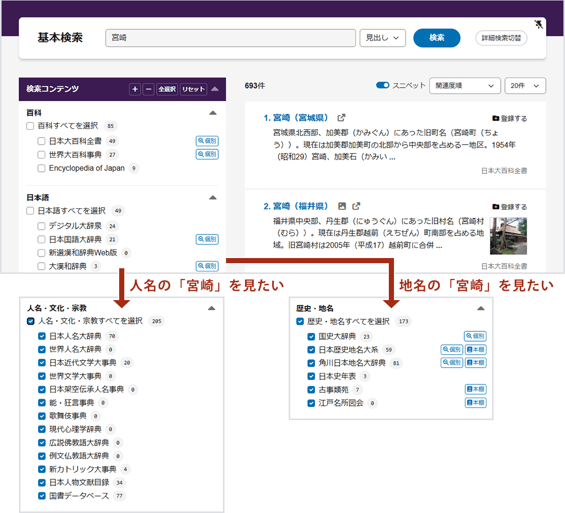 画像4：キーワード「宮崎」で検索実行後、ファセットでカテゴリーを選択